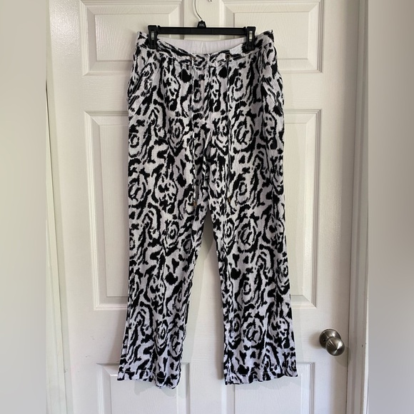 Madison Pants - Madison 100% Linen Pants Size 12 Black and White Elastic Waist Drawstring Beach